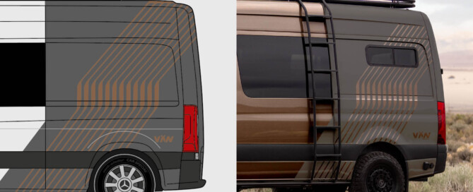 Vergleich von digitalem Designkonzept und realer Umsetzung einer Folierung auf einem Campervan