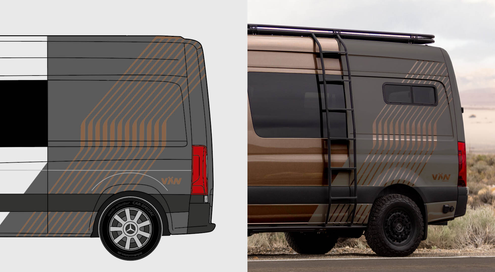 Vergleich von digitalem Designkonzept und realer Umsetzung einer Folierung auf einem Campervan