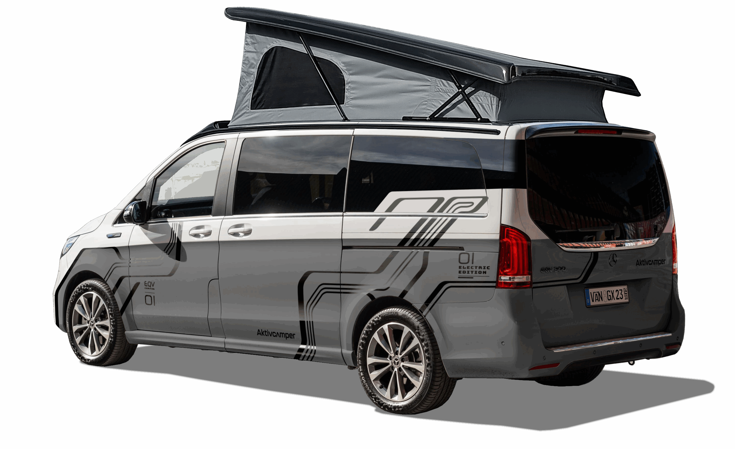 Mercedes EQV Elektro Camper mit moderner Designfolierung – Linienmuster in Grau und Schwarz