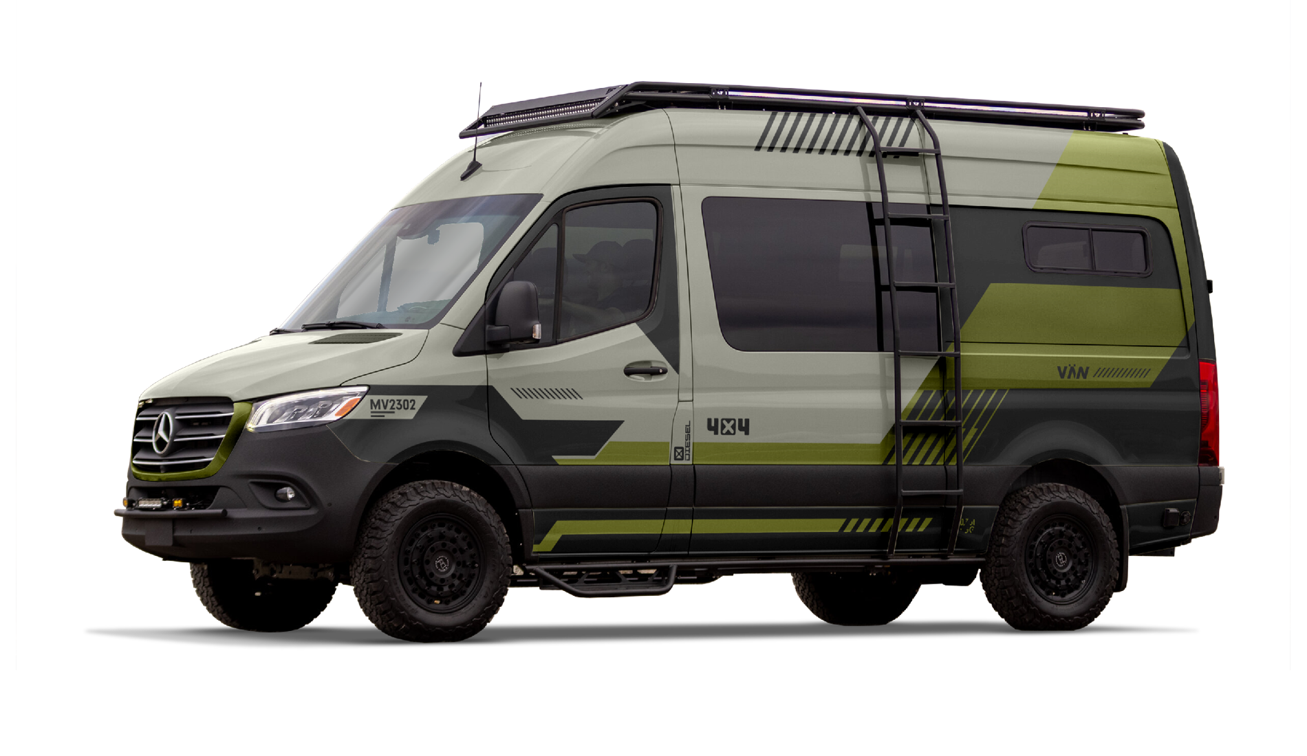 Mercedes Sprinter mit geometrischer Folie in Grün und Grau – modernes, technisches Design