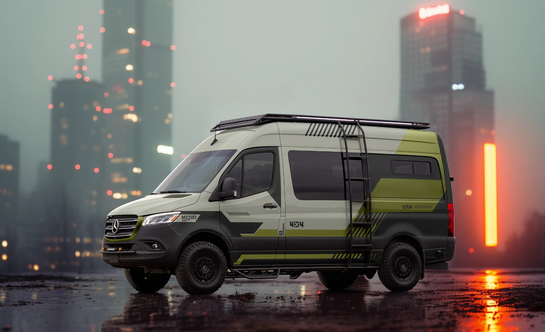 Van Offroad foliert mit dem Hintergrund einer Großstadt