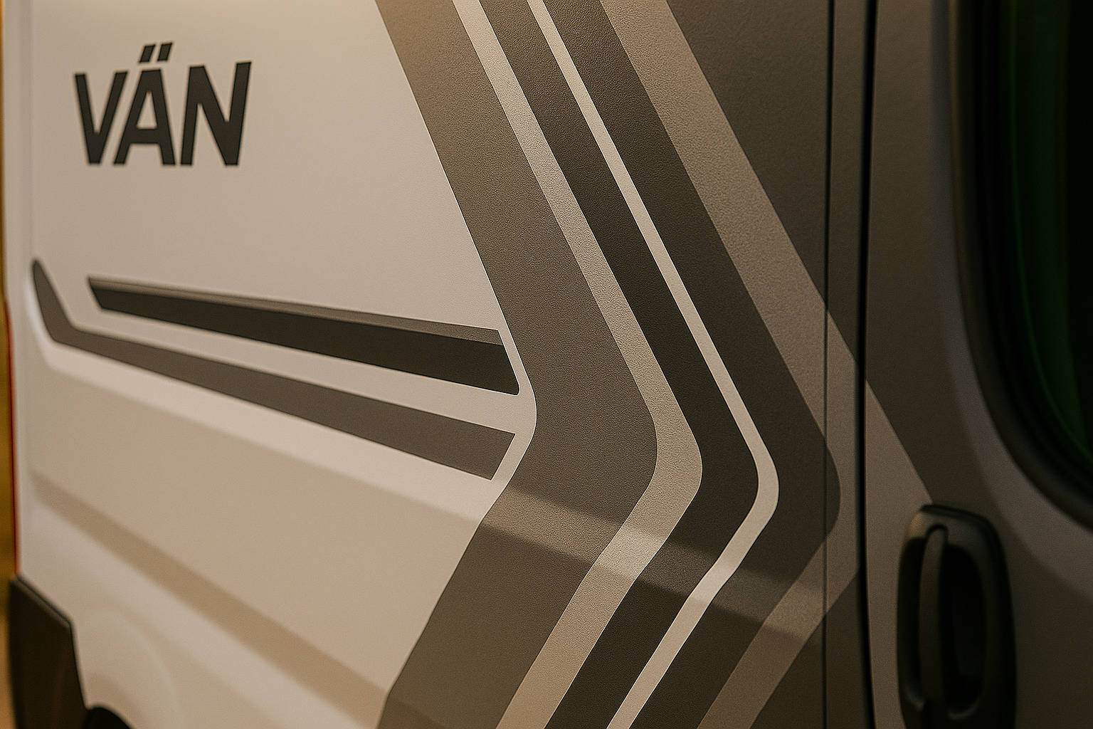 Nahaufnahme Wohnmobil-Folierung – Detailansicht Designstreifen von VÄN Nahaufnahme einer Wohnmobil-Folierung in Grau-Weiß mit modernen, grafischen Linien und matter Oberfläche – Design von VÄN