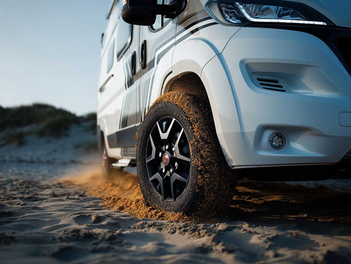 VÄN Camper mit individueller Folierung fährt durch weichen Sand; Nahaufnahme des Vorderrads, das Sand aufwirbelt, unter blauem Himmel