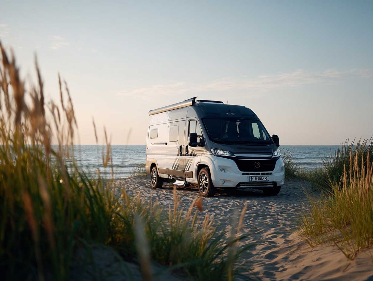 VÄN Camper mit grauer und weißer Folierung steht am Sandstrand, umgeben von Dünen und Meer, bei warmem Sonnenuntergangslicht