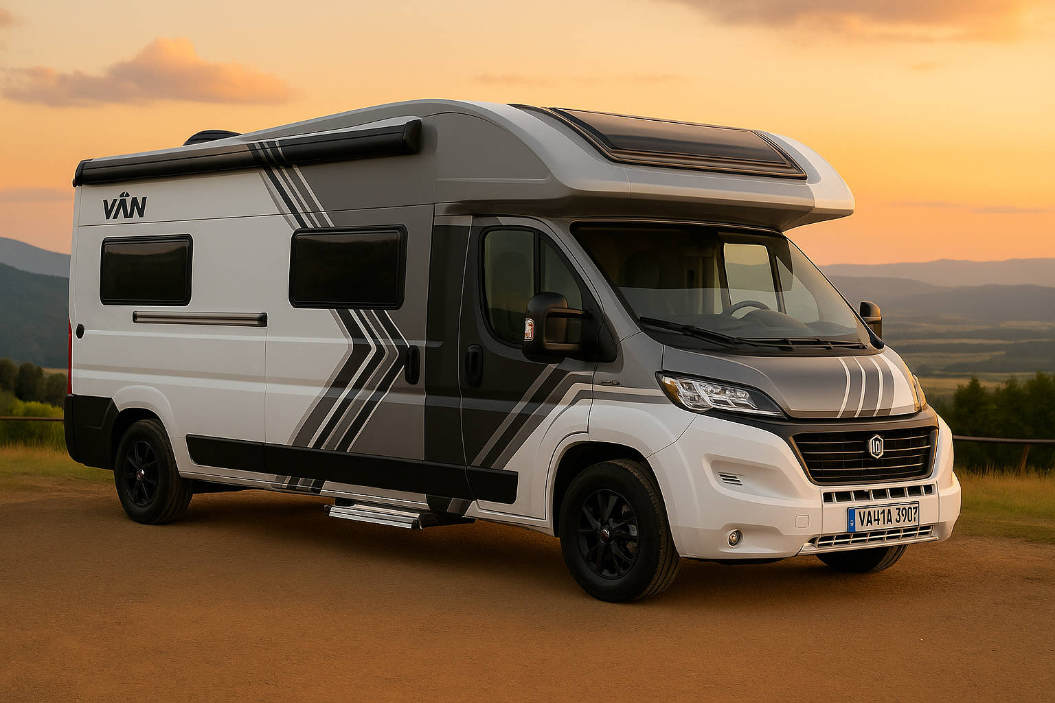 Wohnmobil mit individueller Folierung in Grau-Weiß mit grafischen Linien, gestaltet von VÄN auf einem Panorama-Campingplatz bei Sonnenuntergang