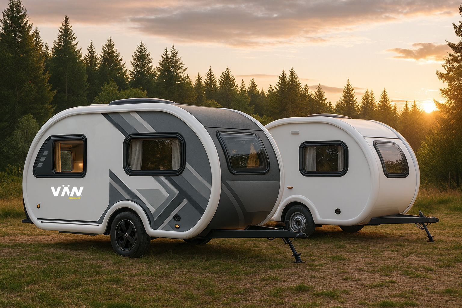 Wohnwagen Folierung Vergleich – Design-Wohnwagen vs. Standardmodell | VÄN Wohnwagen mit moderner VÄN-Folierung im Vergleich zu einem unfolierten weißen Wohnwagen – beide auf einem Stellplatz in der Natur bei Sonnenuntergang