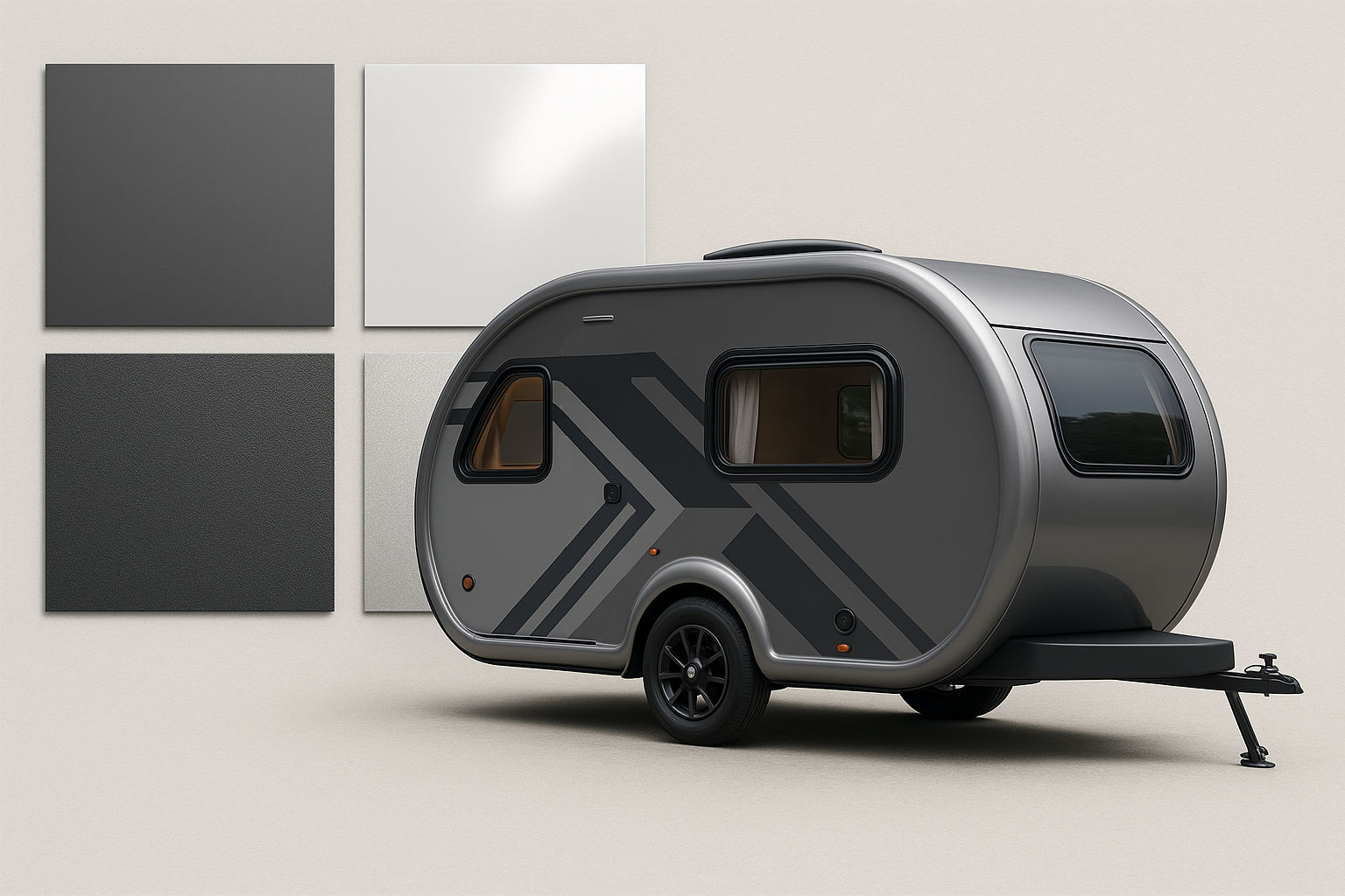 Moodboard Wohnwagenfolierung – Matt, Glanz, Struktur & Metallic | VÄN Moodboard mit verschiedenen Folienmustern – matt, glänzend, strukturiert und metallic – neben einem modernen Wohnwagen-Rendering ohne Tür, gestaltet von VÄN