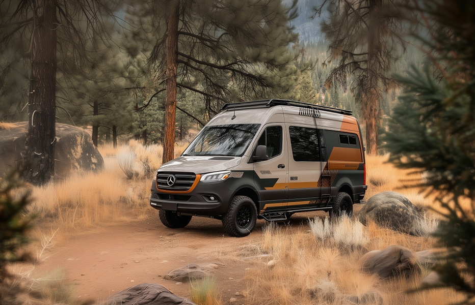Mercedes Sprinter Camper mit linienförmiger orange/schwarzer Folierung im Wald