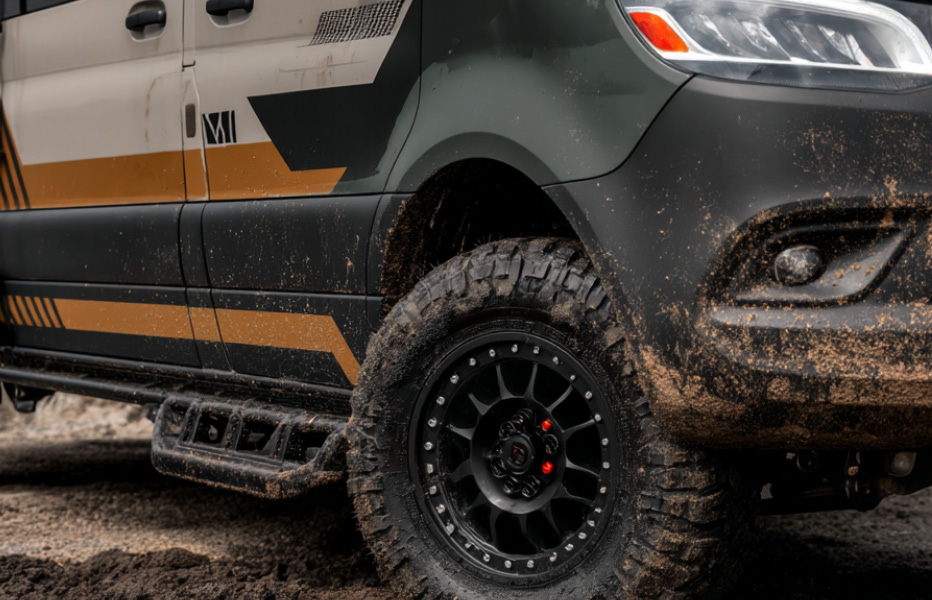 Detail Mercedes Sprinter Camper mit linienförmiger orange/schwarzer Folierung rechts vorn