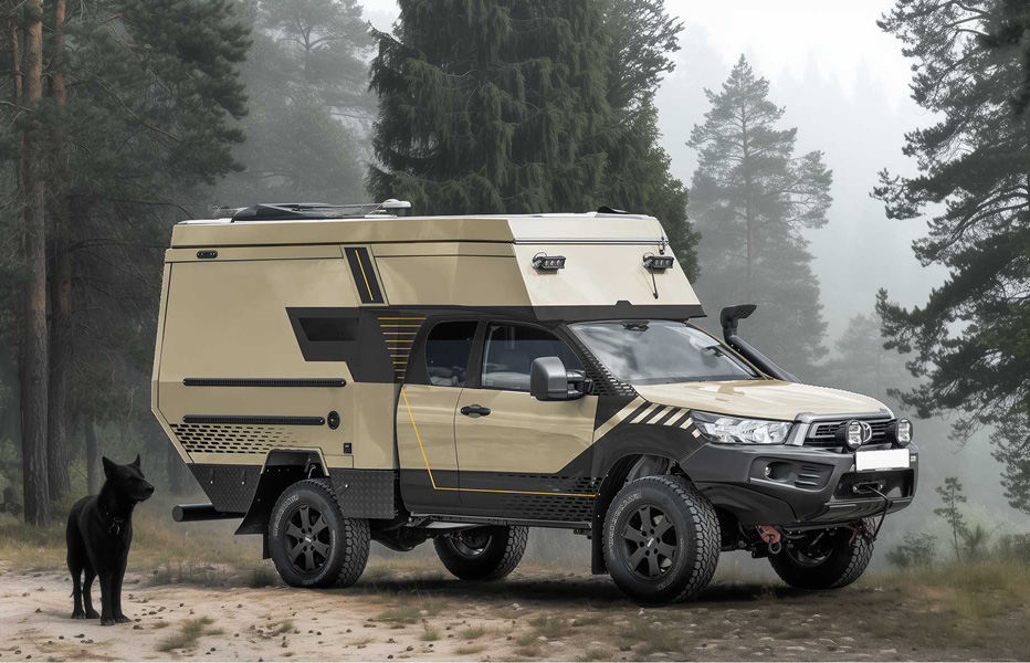 Expeditionsfahrzeug mit sandfarbener und schwarzer Folierung steht auf einem Waldweg, umgeben von hohen Bäumen und einem Hund