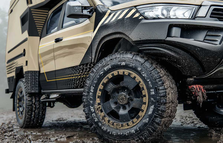 Nahaufnahme eines Expeditionsfahrzeugs mit sandfarbener und schwarzer Folierung, verschlammten Offroad-Reifen und robusten Designelementen im Gelände