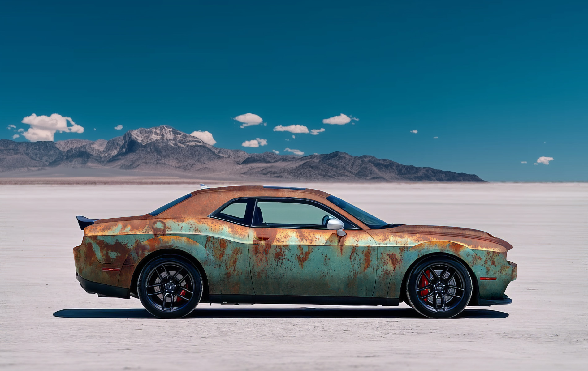 Dodge mit rostiger Patina-Folierung auf heller Salzfläche vor Berglandschaft