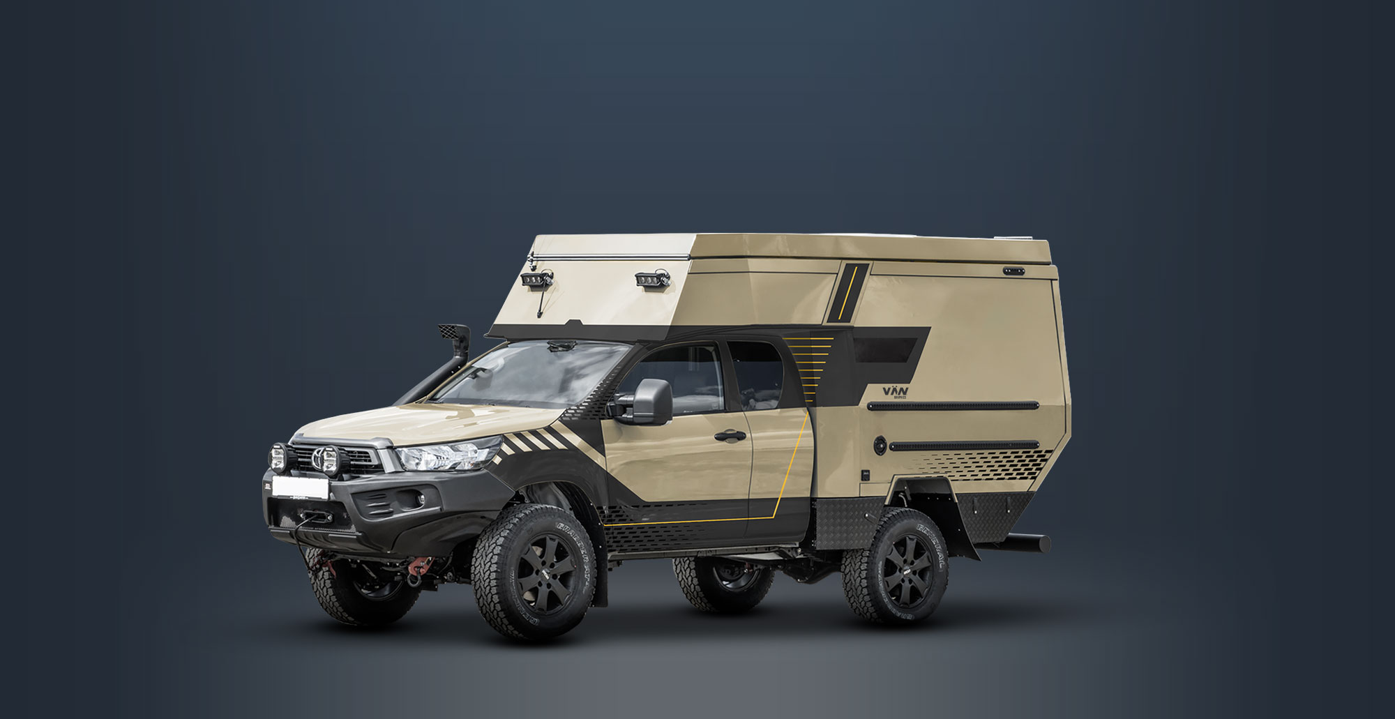 Expeditionsmobil mit sandfarbener Designfolierung und VÄN GRAPHICS-Branding